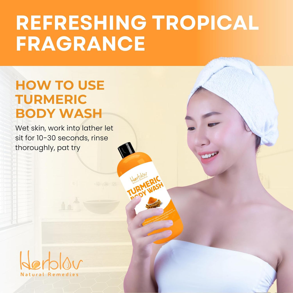 Turmeric Body Wash – Skin Brightening Liquid Soap for Discoloration – Natural anti Aging Exfoliating Turmeric Body Wash for Spots, Acne, Sun Damage – Bath Soap Skincare