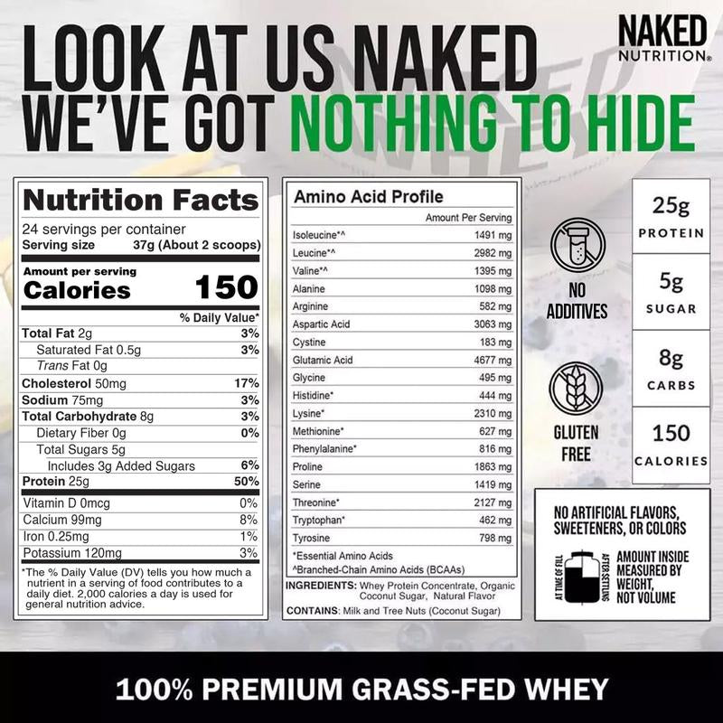 Naked Whey Vanilla Protein Powder - 2LB Grass-Fed, Non-Gmo, No Additives, 25G Protein, 5.9G Bcaas - Only 3 Ingredients
