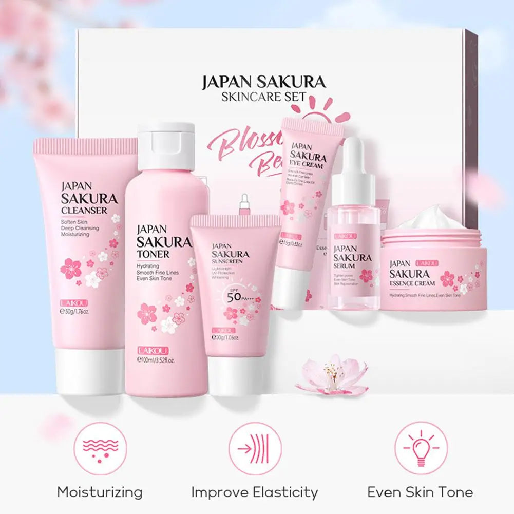 Revitalize Your Skin with the 6-Piece Sakura Skin Care Set: Cream, Serum, Toner, Cleanser, Sunscreen & Eye Cream Gift Box