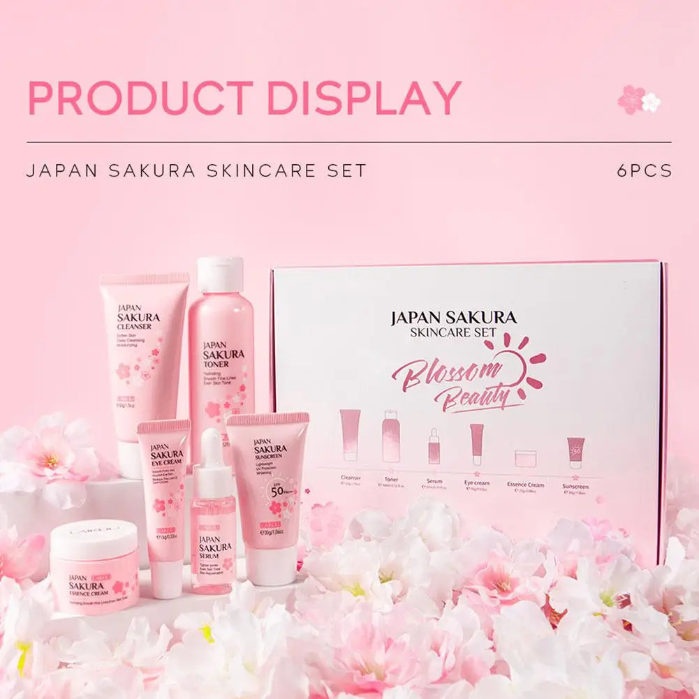Revitalize Your Skin with the 6-Piece Sakura Skin Care Set: Cream, Serum, Toner, Cleanser, Sunscreen & Eye Cream Gift Box