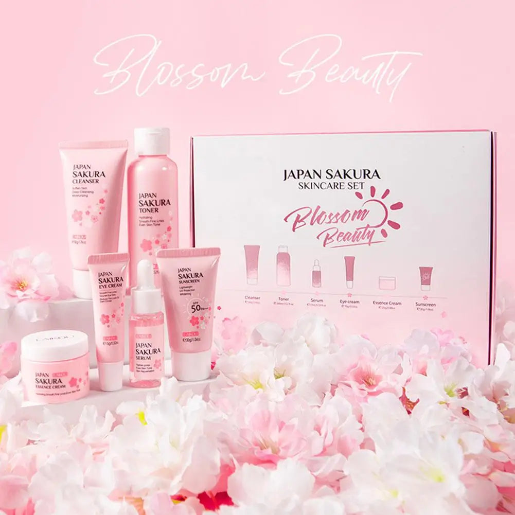Revitalize Your Skin with the 6-Piece Sakura Skin Care Set: Cream, Serum, Toner, Cleanser, Sunscreen & Eye Cream Gift Box