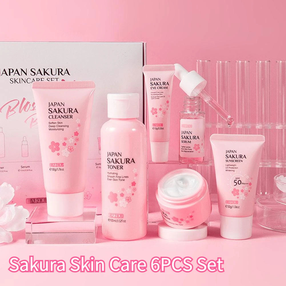 Revitalize Your Skin with the 6-Piece Sakura Skin Care Set: Cream, Serum, Toner, Cleanser, Sunscreen & Eye Cream Gift Box