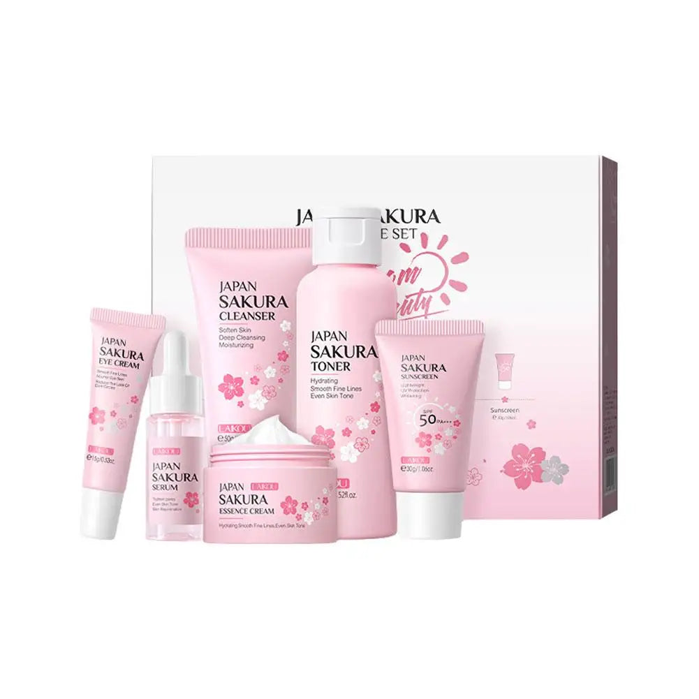 Revitalize Your Skin with the 6-Piece Sakura Skin Care Set: Cream, Serum, Toner, Cleanser, Sunscreen & Eye Cream Gift Box