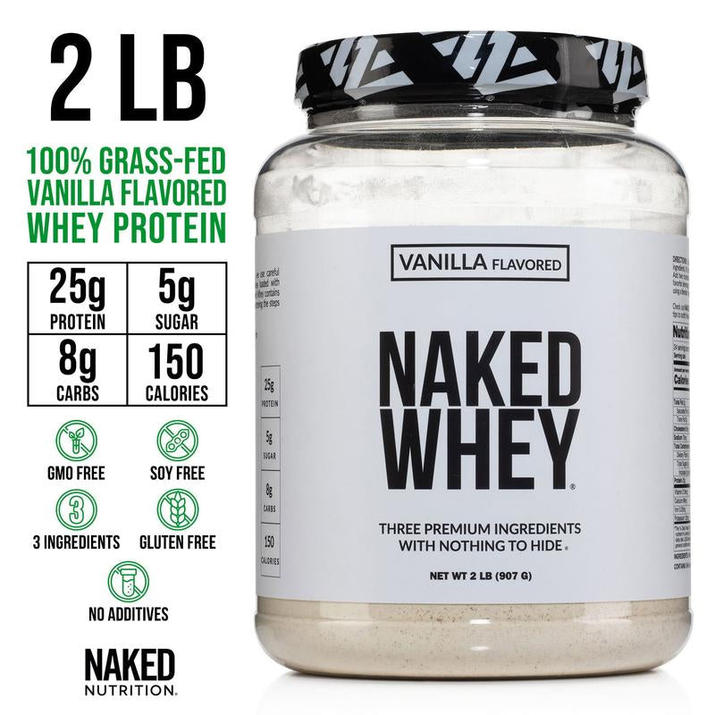 Naked Whey Vanilla Protein Powder - 2LB Grass-Fed, Non-Gmo, No Additives, 25G Protein, 5.9G Bcaas - Only 3 Ingredients
