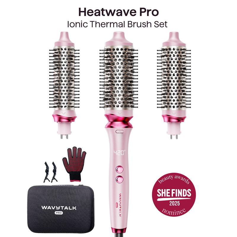 Wavytalk Heatwave Pro Ionic Thermal Brush Set: Negative Ion Styling with 3-Size Interchangeable Brushes - Dual Voltage for Salon Shine & One-Step Blowouts (Short/Long Hair) , Pink